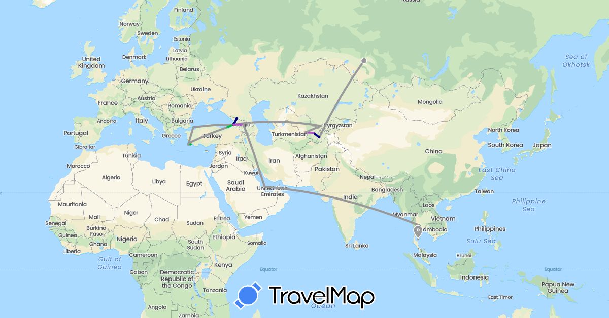 TravelMap itinerary: driving, bus, plane, train, boat in Georgia, Qatar, Russia, Thailand, Tajikistan, Turkey, Uzbekistan (Asia, Europe)